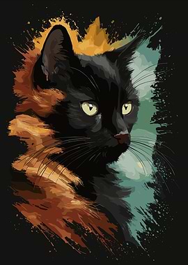 Elegant Black Cat Portrait with Color Accents