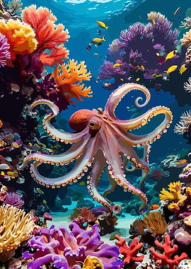 Octopus in Coral Reef Digital Art
