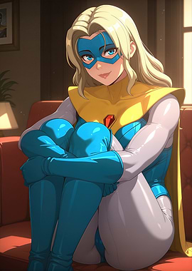 Blonde Superheroine Relaxing on Red Couch