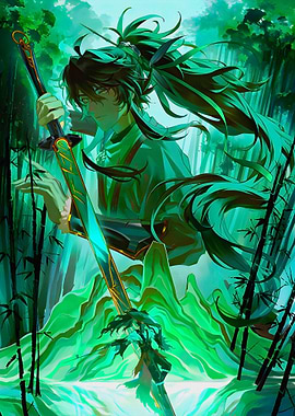 Green Anime Warrior with Sword