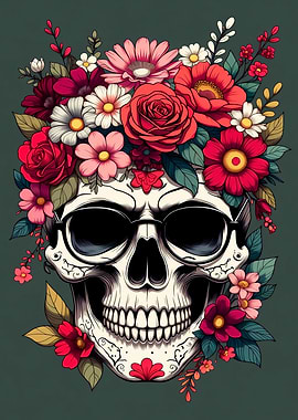 Floral Skull with Sunglasses Illustration