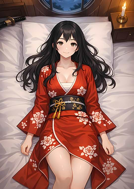 Moonlit Serenity in Red Kimono