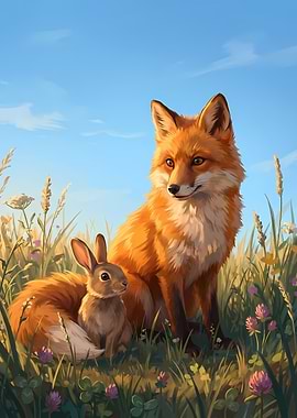 Fox and Rabbit in a Meadow