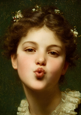 Girl with Flowers Blowing a Kiss