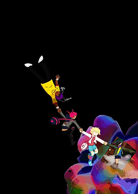 Cartoon Characters Falling from Colorful Cliff