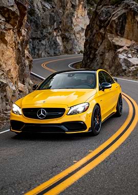 Yellow Mercedes-Benz on Mountain Road