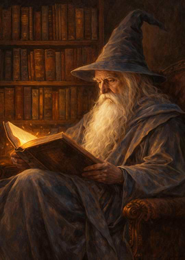 Wizard Reading a Glowing Book