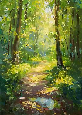 Sunlit Forest Path Painting