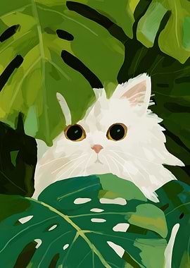 White Cat in Green Leaves