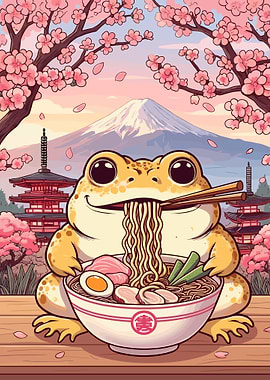 Kawaii Toad Eating Ramen at Mount Fuji