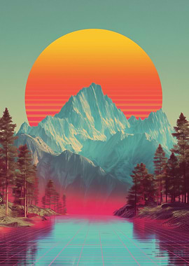Synthwave Mountain Landscape with Grid Lake