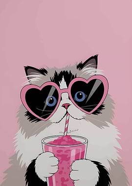 Cat with Heart Glasses and Smoothie