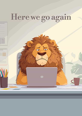 Sad Lion at Desk with Laptop