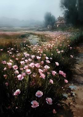 Pink Flowers in Misty Landscape Painting
