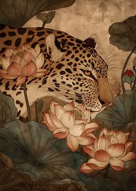 Leopard and Lotus Flowers Illustration