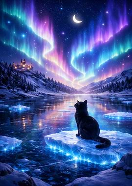 Cat under Aurora Borealis on Ice