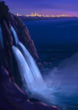 Night Waterfall Cityscape Digital Painting