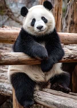 Cute Panda Portrait on Wooden Structure