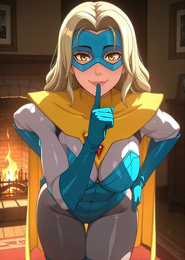Blonde Superhero Shushing in Living Room