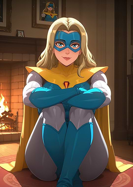 Blonde Superheroine by Fireplace