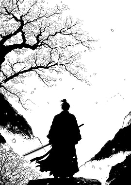 Samurai Silhouette Under Cherry Blossom Tree