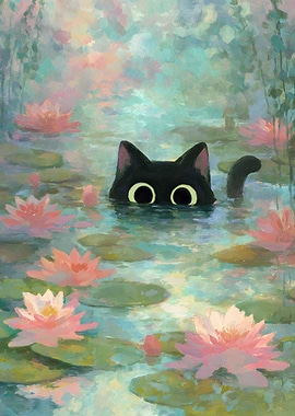 Black Cat in Water Lilies Pond