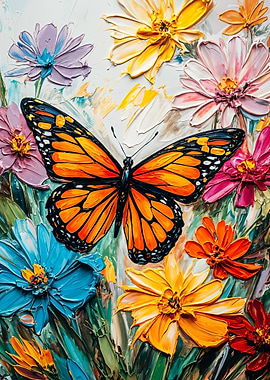 Butterfly and Flowers Impasto Painting