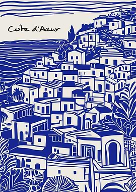 Côte d'Azur Coastal Village Illustration