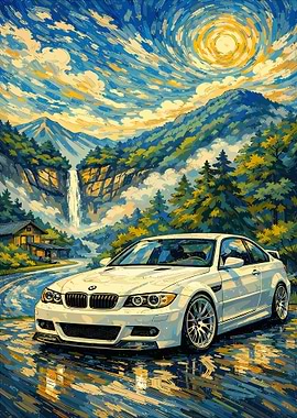Vintage White BMW in Mountain Landscape