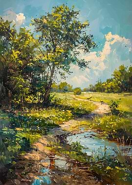 Impressionistic Landscape with Stream and Trees
