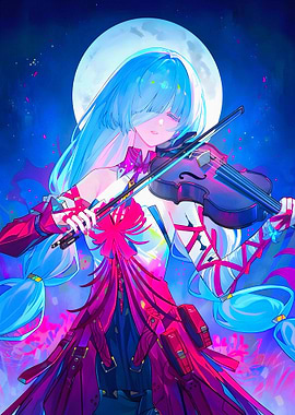 Anime Girl Playing Violin Under Moonlight