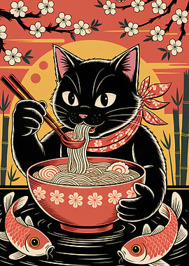 Black Cat Eating Ramen Illustration
