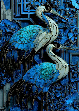 Elegant Blue Cranes with Floral Background