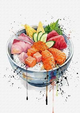 Watercolor Chirashi Bowl with Sashimi