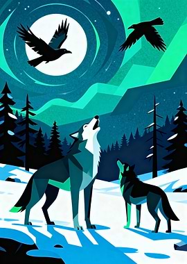 Wolves Howling at Moon with Ravens