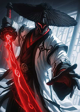 Masked Warrior with Glowing Red Sword