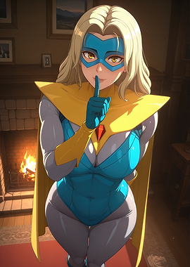 Blonde Superheroine Shushing in Costume