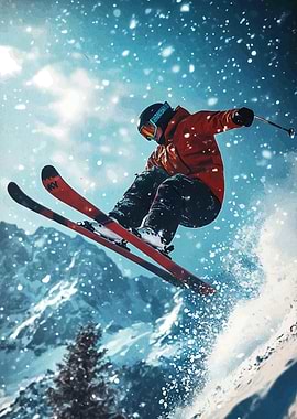 Skier Jumping in Snowy Mountain Landscape