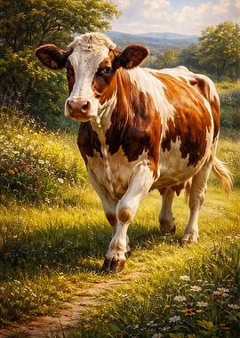 Brown and White Cow in Meadow