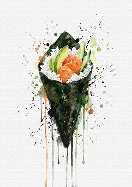 Watercolor Temaki Sushi Art