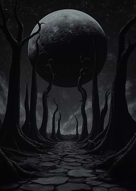 Monochrome Path Under a Giant Moon