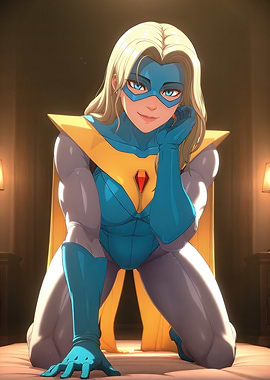 Blonde Superheroine Kneeling