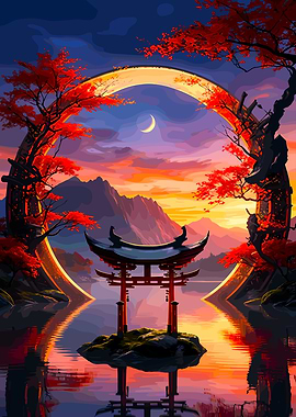 Japanese Torii Gate at Sunset
