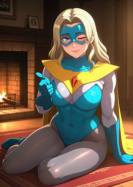 Blonde Superheroine Winking by Fireplace