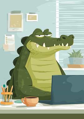 Cartoon Alligator Working at Desk