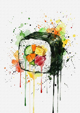 Watercolor Sushi Futomaki Roll Art