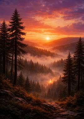 Sunset Over Misty Forest Landscape