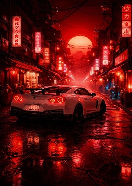 White Sports Car in Red Asian Street