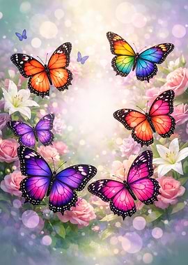 Colorful Butterflies and Floral Arrangement