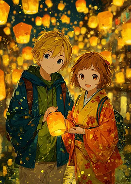 Anime Couple with Lanterns at Night